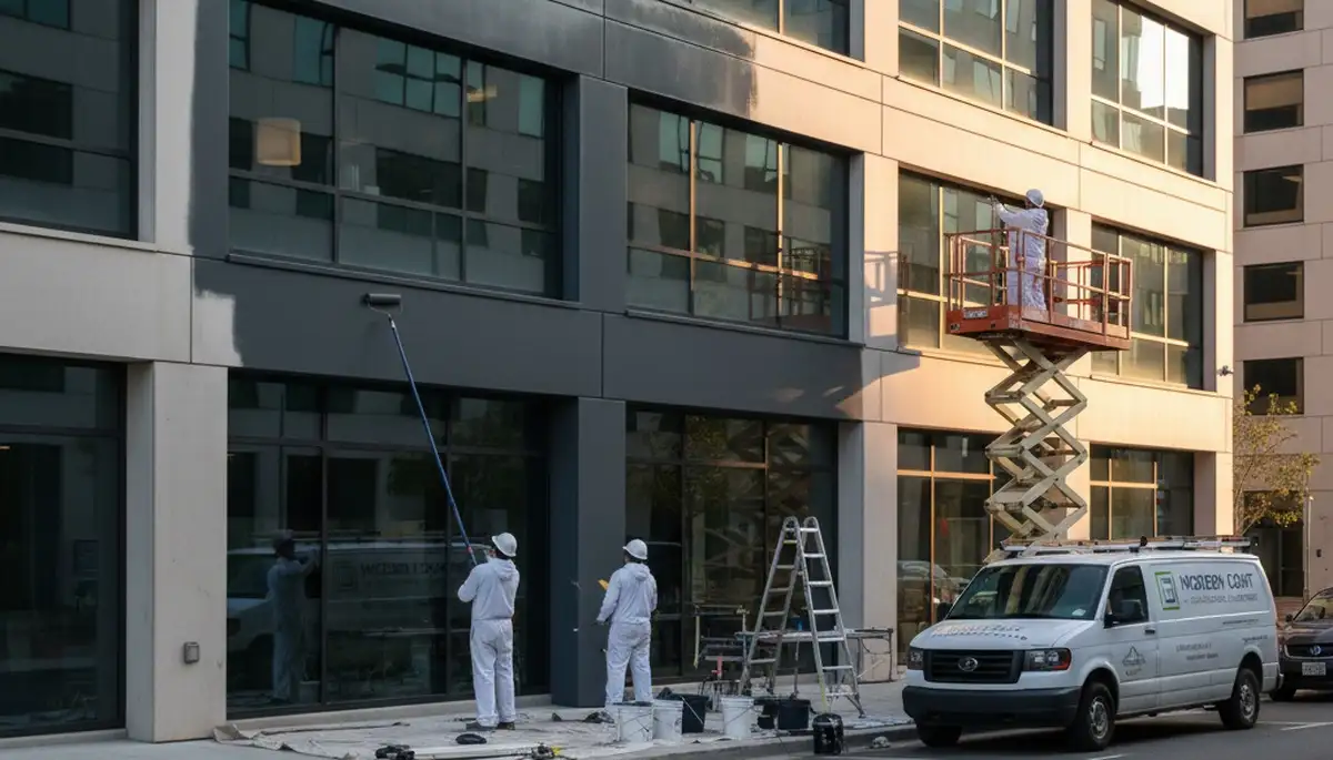 Professional commercial painters in Stockton, CA applying durable exterior paint to a business building