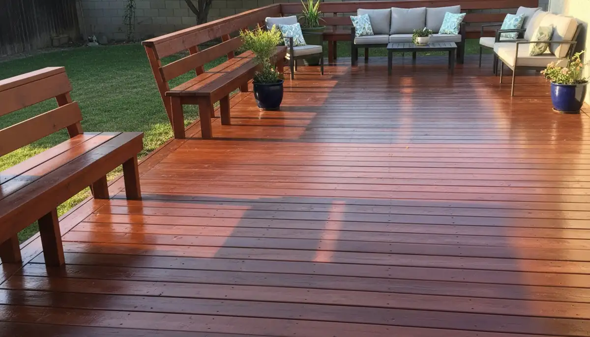Finished deck staining in Stockton, CA showcasing rich wood color and weather-protective finish