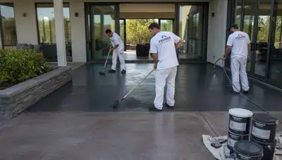 Professional concrete staining on patio surface in Stockton, CA by local house painting experts