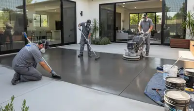 Professional concrete staining on driveway in Stockton, CA by local house painting experts