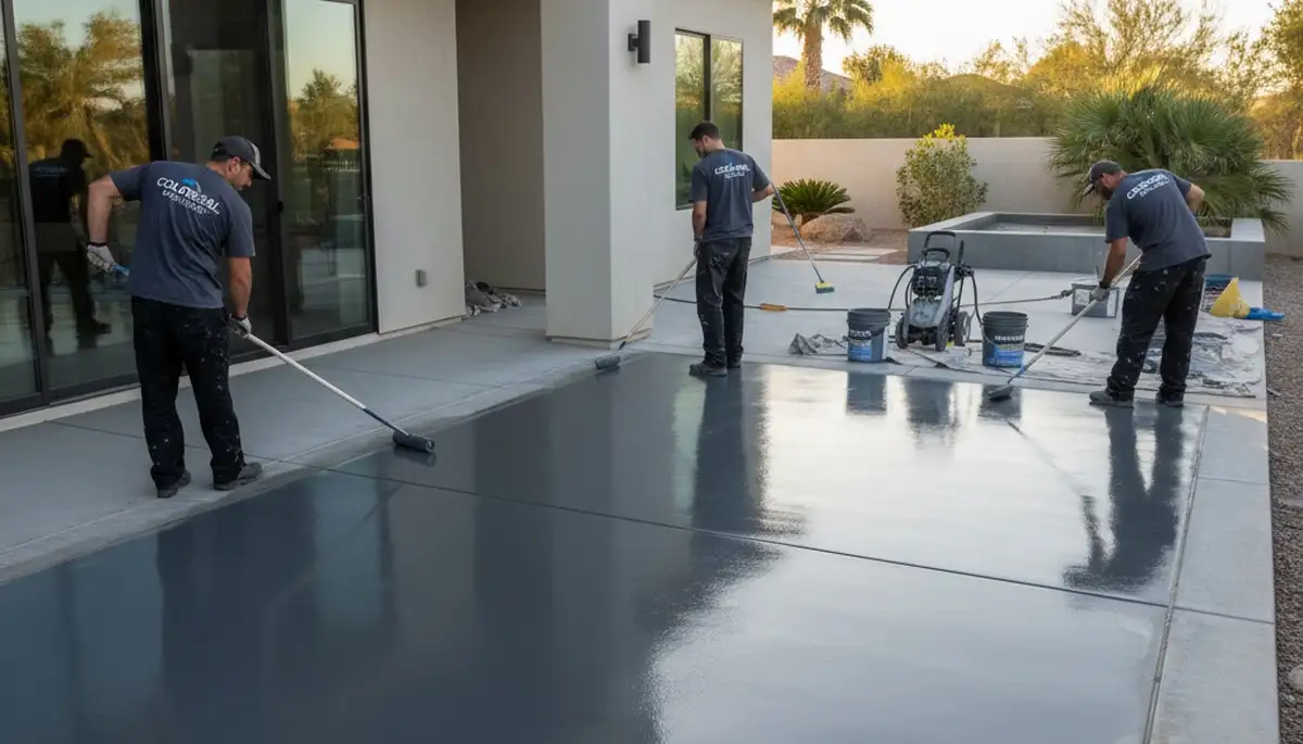 Professional concrete staining on patio floor in Stockton, CA by expert house painters