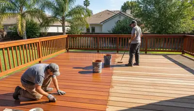 Professional deck staining in Stockton CA enhancing wood grain and protecting outdoor decks from sun and moisture