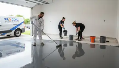 Epoxy floor coating in Stockton CA garage by professional painters for durable, moisture-resistant finish
