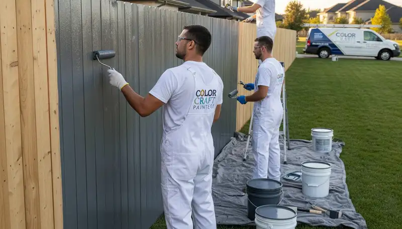 Professional fence painters applying weather-resistant coating in Stockton, CA backyard
