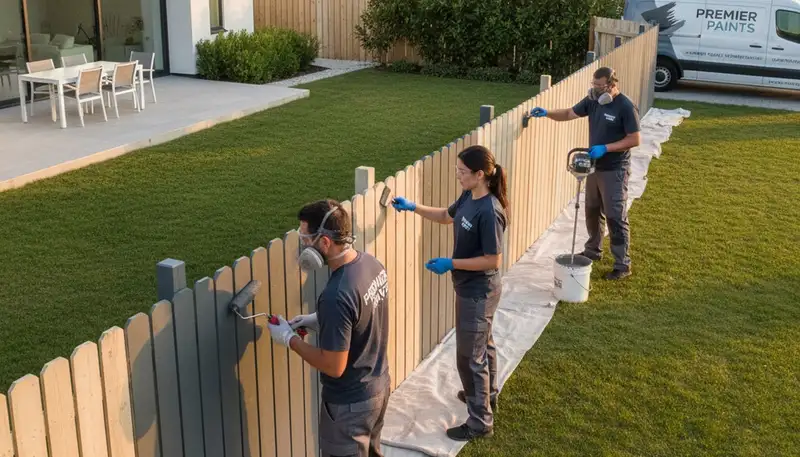 Professional fence painters applying durable finish in Stockton, CA backyard