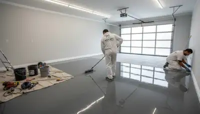 Epoxy garage floor coating in Stockton, CA with durable, glossy finish for residential garages