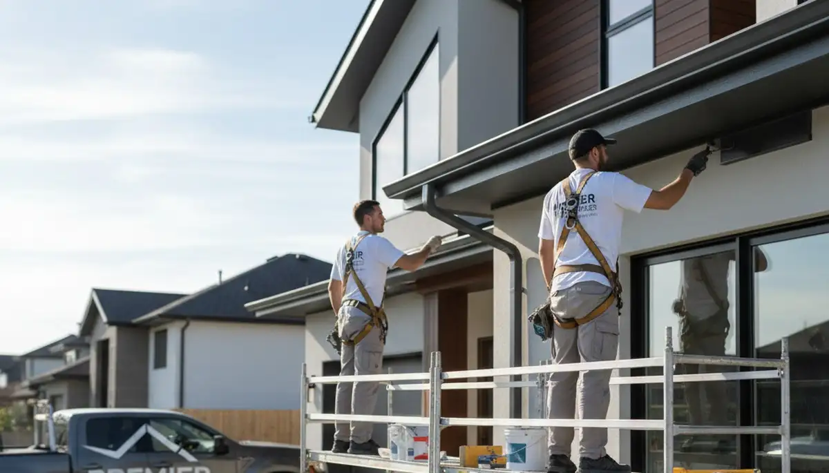 Professional gutter painting service on a Stockton CA home exterior by local house painters