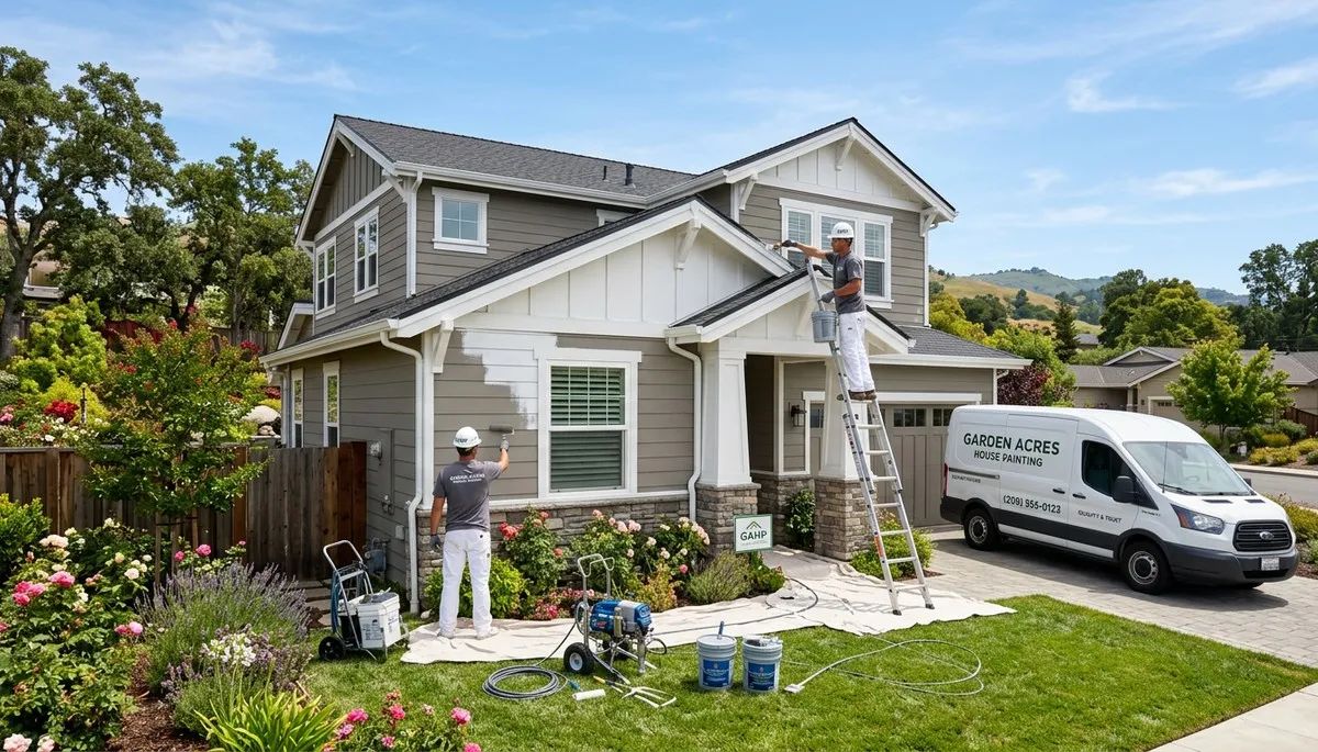 Professional house painters working on residential exterior in Stockton, CA