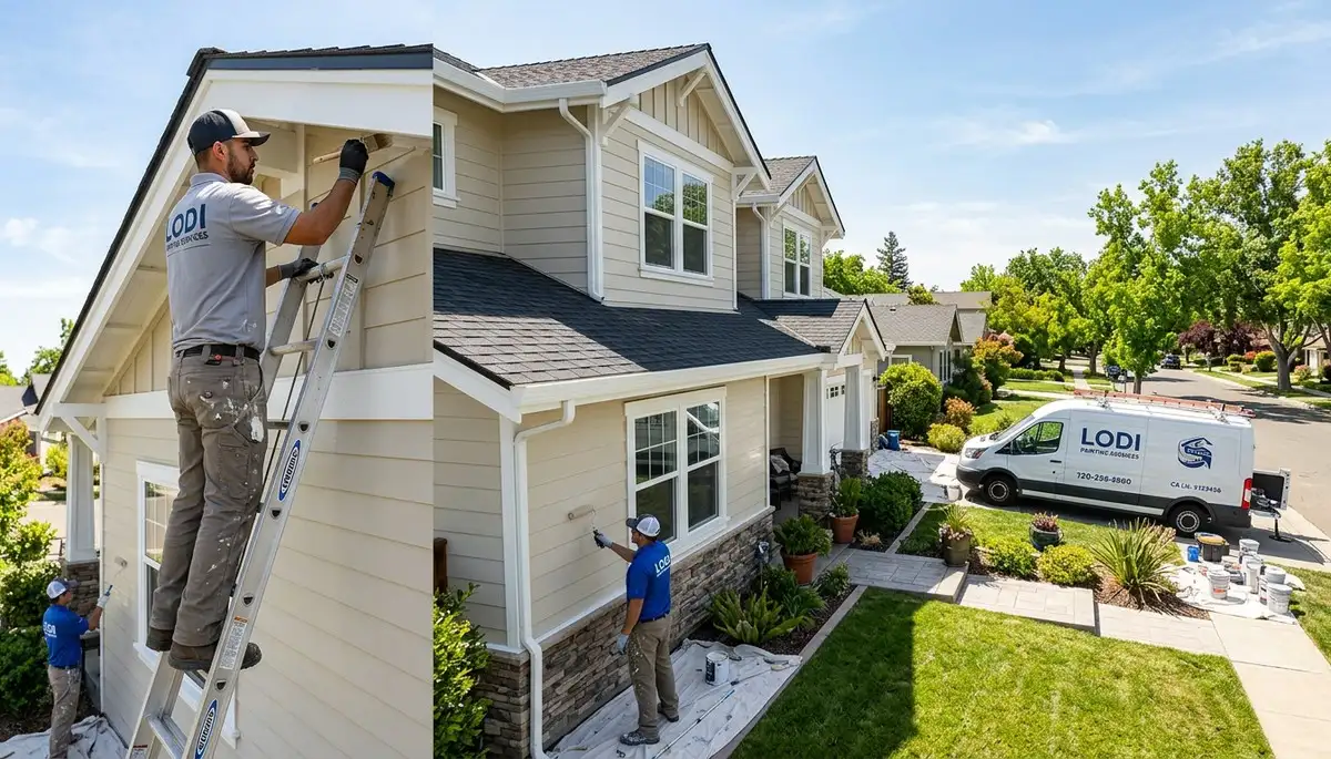 Professional house painters working on residential exterior in Stockton, CA