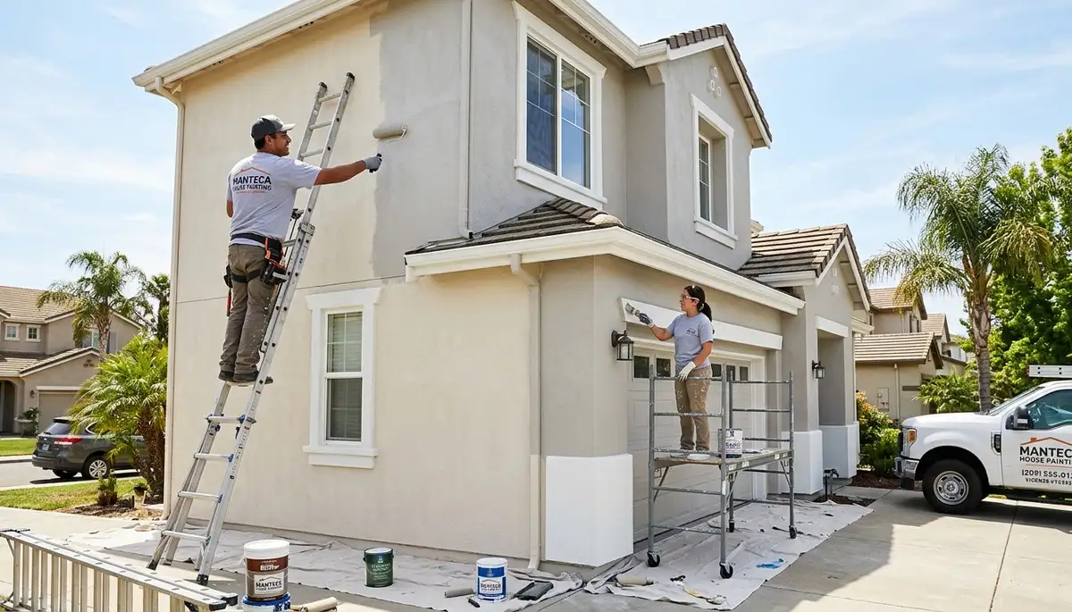 Professional house painters working on residential exterior in Stockton, CA