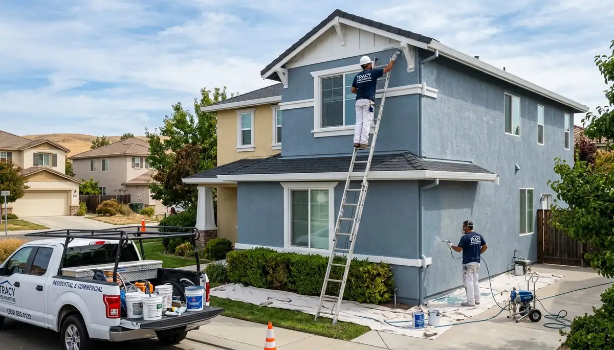 Professional house painters working on residential exterior in Stockton, CA