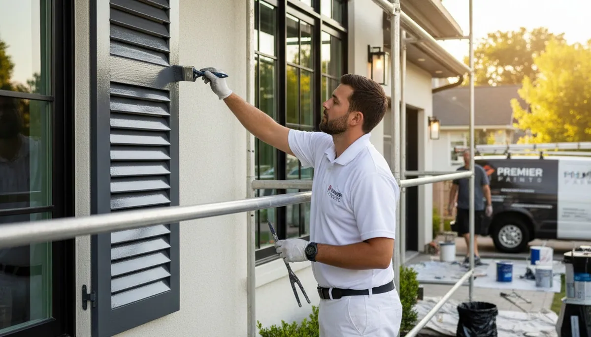 Professional shutter painting on a residential home in Stockton, CA by expert house painters