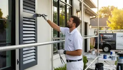 Professional shutter painting on a residential home in Stockton, CA by expert house painters