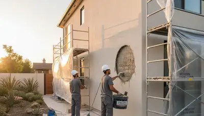 Professional stucco repair on Stockton CA home exterior by expert local painting contractors