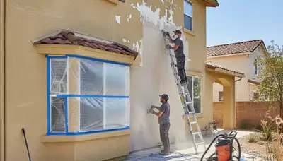 Painter sanding exterior wall for surface preparation before painting in Stockton, CA