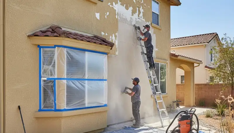 Painter sanding exterior wall for surface preparation before painting in Stockton, CA