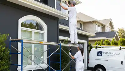 Professional trim and fascia painting on Stockton, CA home exterior by expert house painters