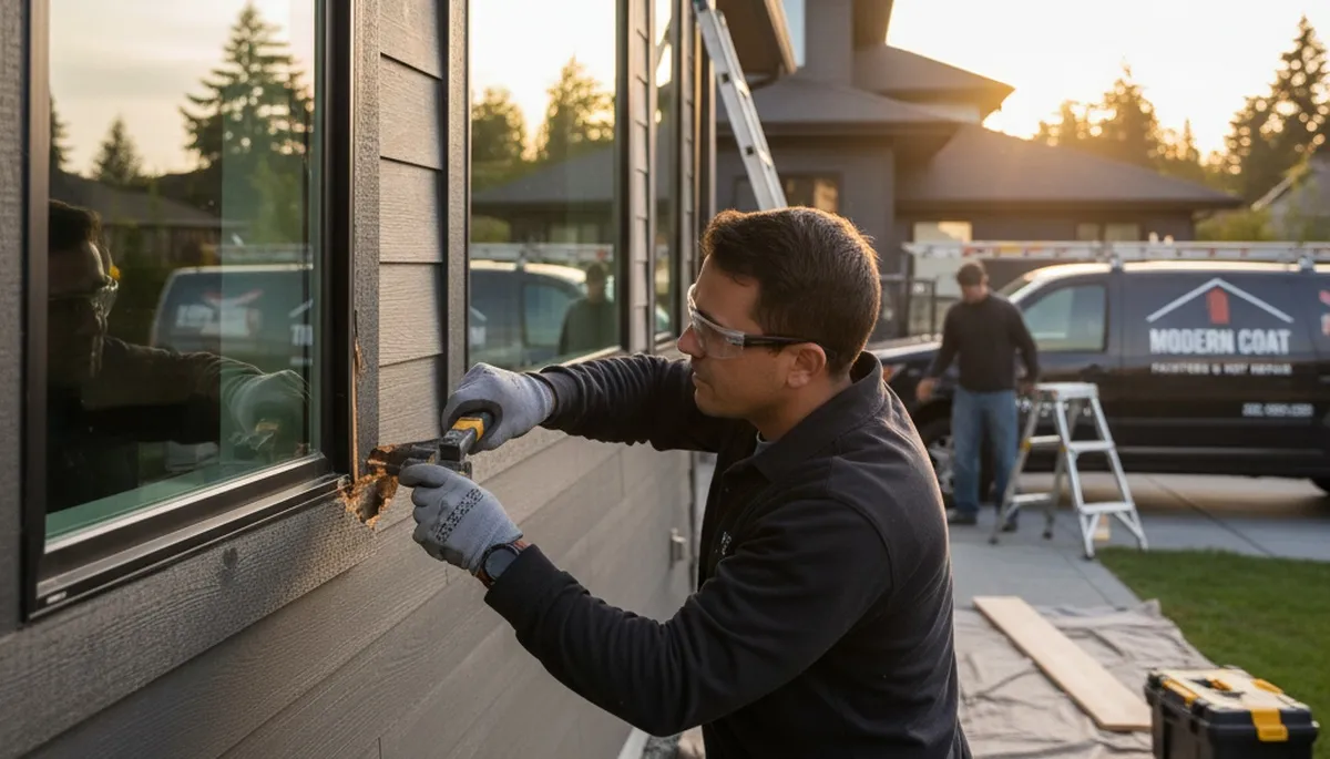 Professional wood rot repair on home siding by house painters in Stockton, CA