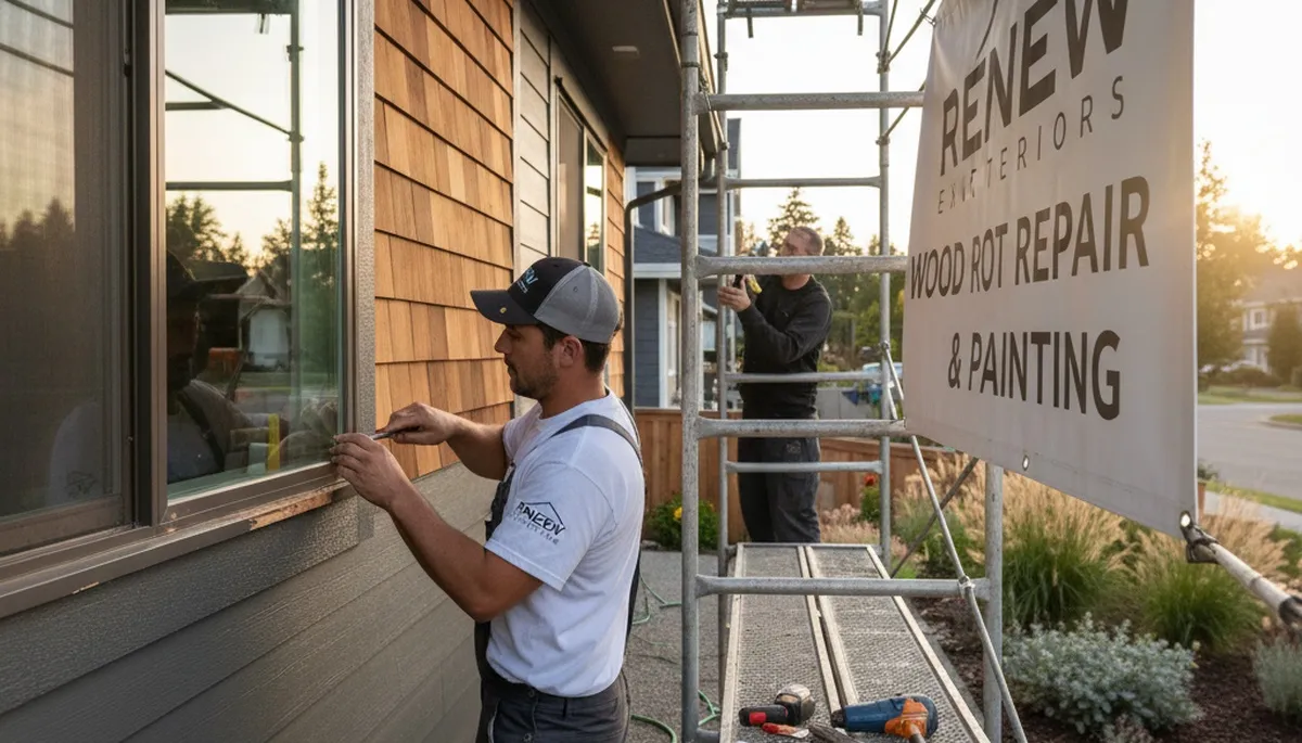 Contractor repairing wood rot on home siding in Stockton, CA