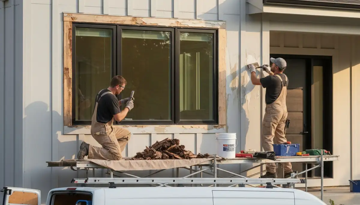 Professional wood rot repair on home siding by house painters in Stockton, CA